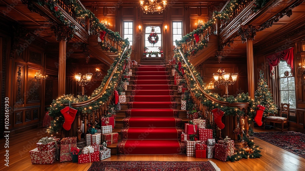 Fototapeta premium Elegant Grand Staircase Decorated for Holiday Season