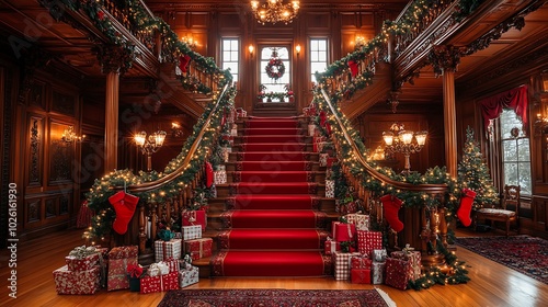Elegant Grand Staircase Decorated for Holiday Season