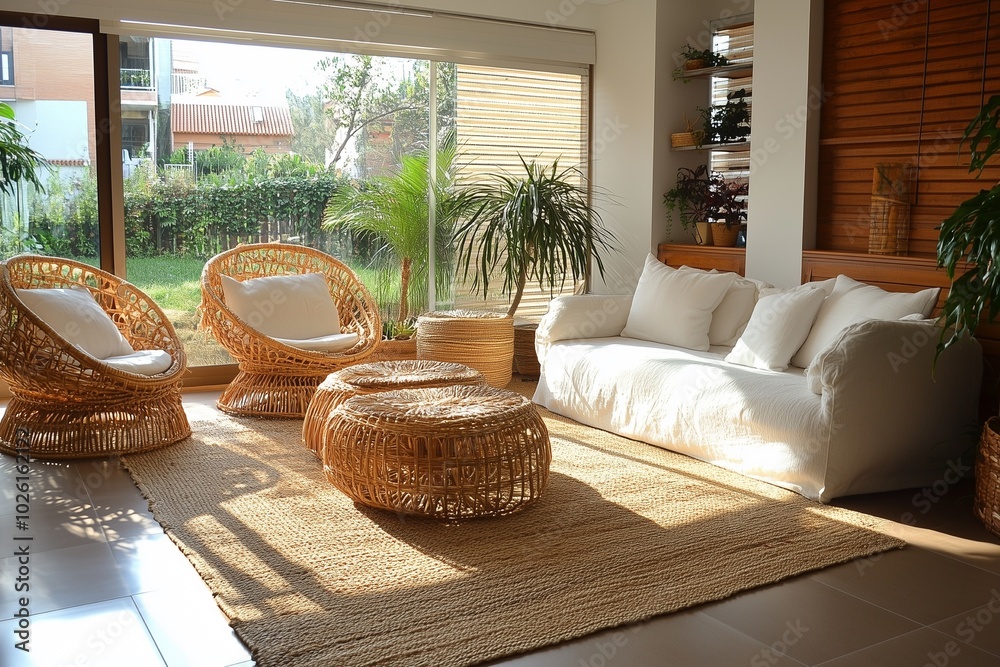 Cozy living room with wooden woven furniture Cozy living room with wooden woven furniture