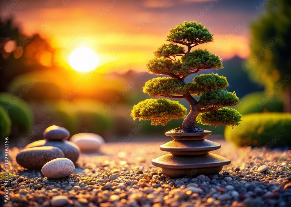 Obraz premium Tranquil Zen Garden at Sunset with Pebble Stack and Bonsai Tree - Serene Landscape Photography