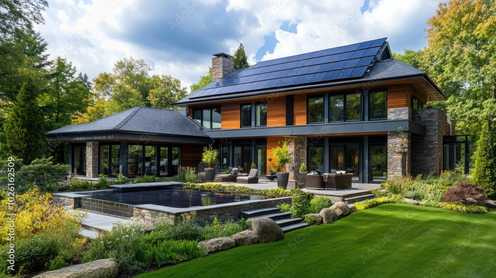 Luxury home with solar panel roof - Highlighting luxury homes equipped with solar panel roofs, combining sustainability with high-end living, Luxury home with solar panel roof - Highlighting luxury homes equipped with solar panel roofs, combining sustainability with high-end living,