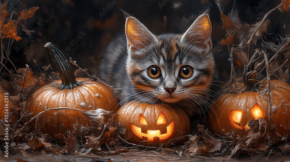 A curious kitten peeks out from behind jack-o-lanterns on a spooky Halloween night. A curious kitten peeks out from behind jack-o-lanterns on a spooky Halloween night.