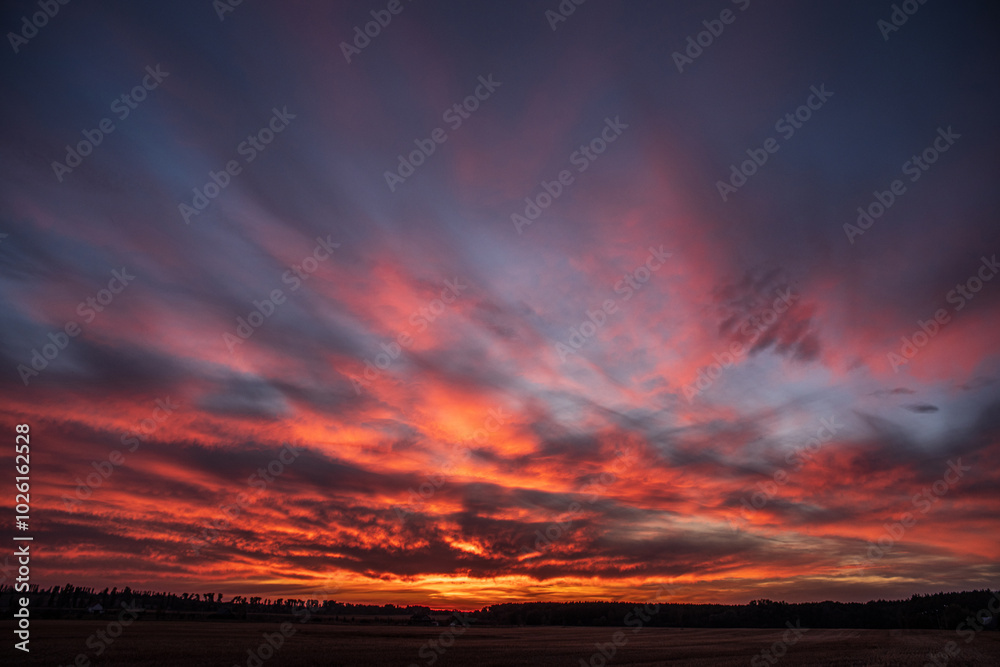 Sunset with bright fantastic clouds over field and forest Sunset with bright fantastic clouds over field and forest