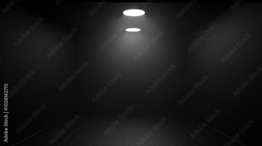 Obraz premium A clean, empty room with dark walls and a wooden floor, minimalist in design yet filled with potential energy, awaiting its next use.