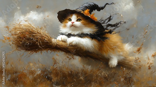 A cute orange and white kitten dressed as a witch flies on a broomstick. photo