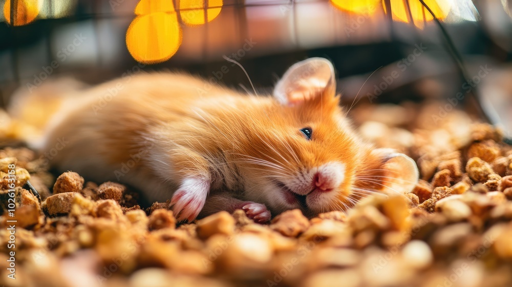 Cute hamster resting on a bed of food