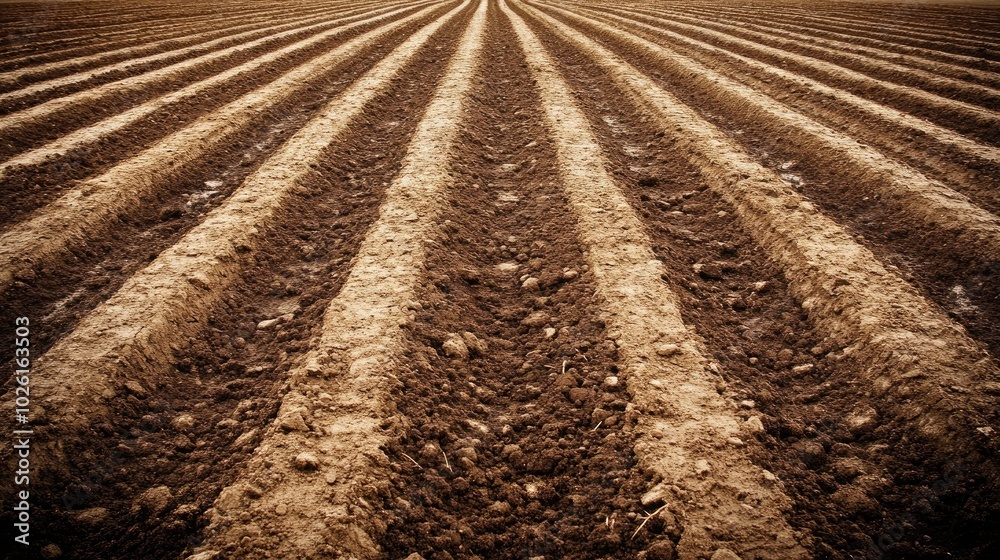 A close-up view of plowed earth in autumn, showing the sharp, ridged furrows across the dark brown soil, ready for winter crops. A close-up view of plowed earth in autumn, showing the sharp, ridged furrows across the dark brown soil, ready for winter crops.