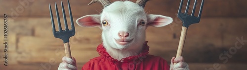 A goat wearing a red sweater holds two pitchforks. photo