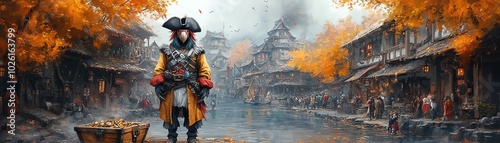 A lone figure in colonial garb stands in a bustling marketplace, surrounded by wooden buildings and autumn foliage.