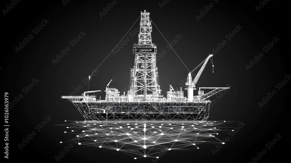 Fototapeta premium A complex 3D wireframe representation of an offshore oil rig, showing the drilling process with visible external layers and invisible internal engineering components.