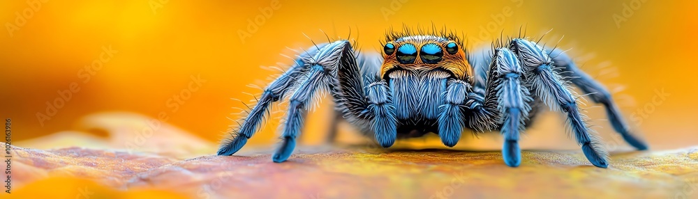 Blue and black spider on a branch, close-up. Blue and black spider on a branch, close-up.
