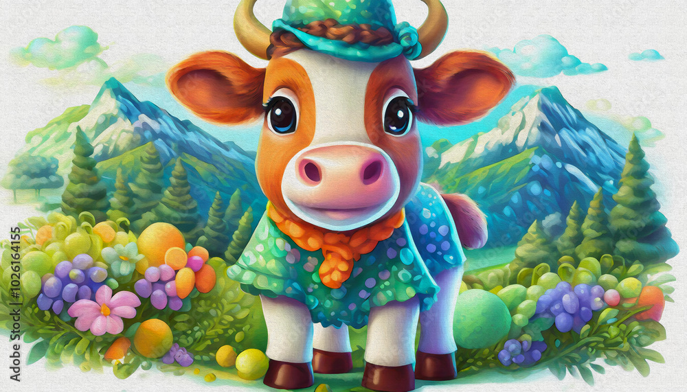 Fototapeta premium oil painting style CARTOON CHARACTER illustration CUTE BABY cow isolated on white background, top view. side front view