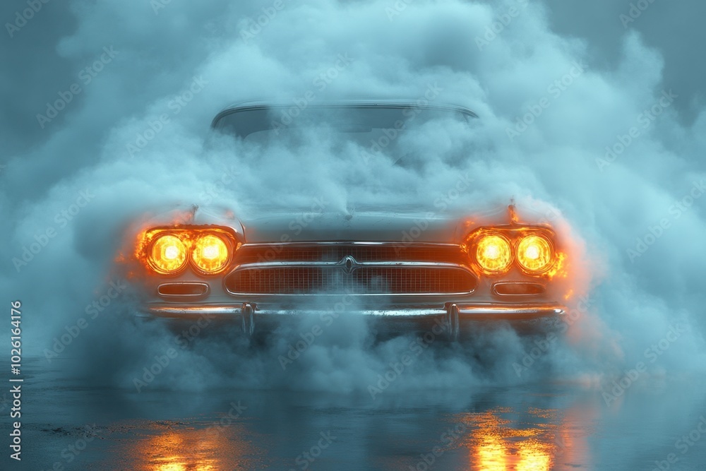 custom made wallpaper toronto digitalA burning car hood with smoke rising, isolated on white background. 