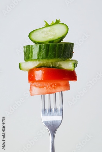 fork with fresh vegetables like cucumber, tomato, and lettuce stacked on top