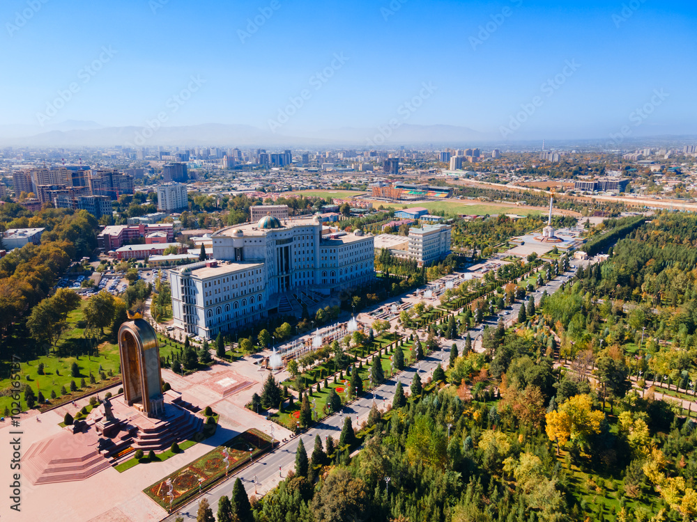 Dushanbe city aerial panoramic view in Tajikistan