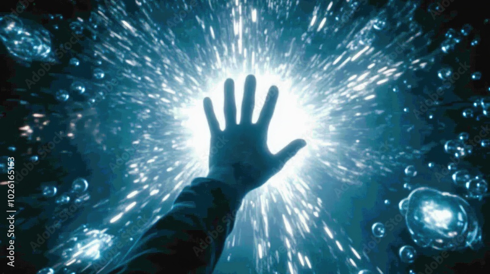 A deep blue underwater rescue scene with a hand reaching out for help, surrounded by bubbles and light.