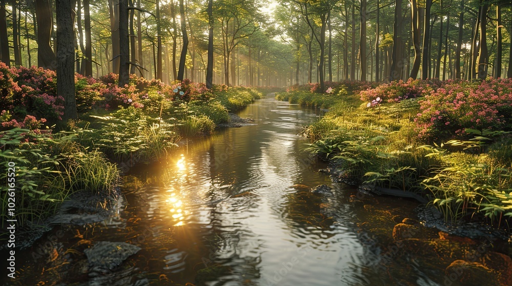 Fototapeta premium Dense forests with sunlight filtering through the trees and calm rivers.