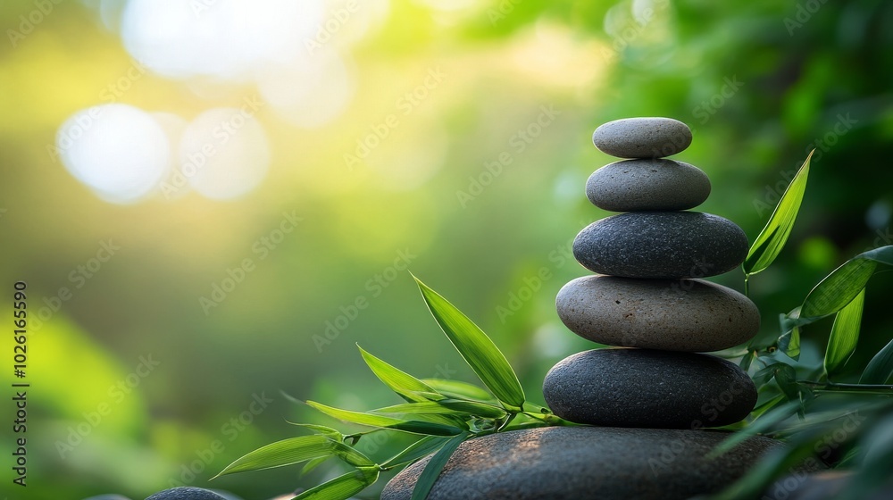 Stacked Stones and Green Leaves in a Tranquil Natural Setting