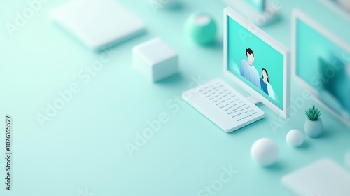 computer monitors displaying video call with minimalist design and accessories.  Blue and white color scheme. photo