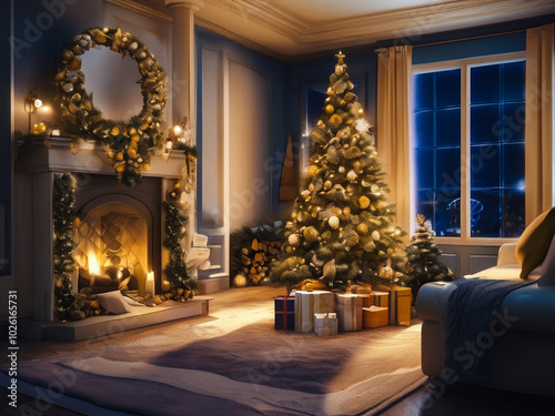 A cozy room at night lit by the warm glow of a festive Christmas tree adorned with colorful lights and ornaments. Presents are neatly arranged underneath, beside a  fireplace and comfortable sofa