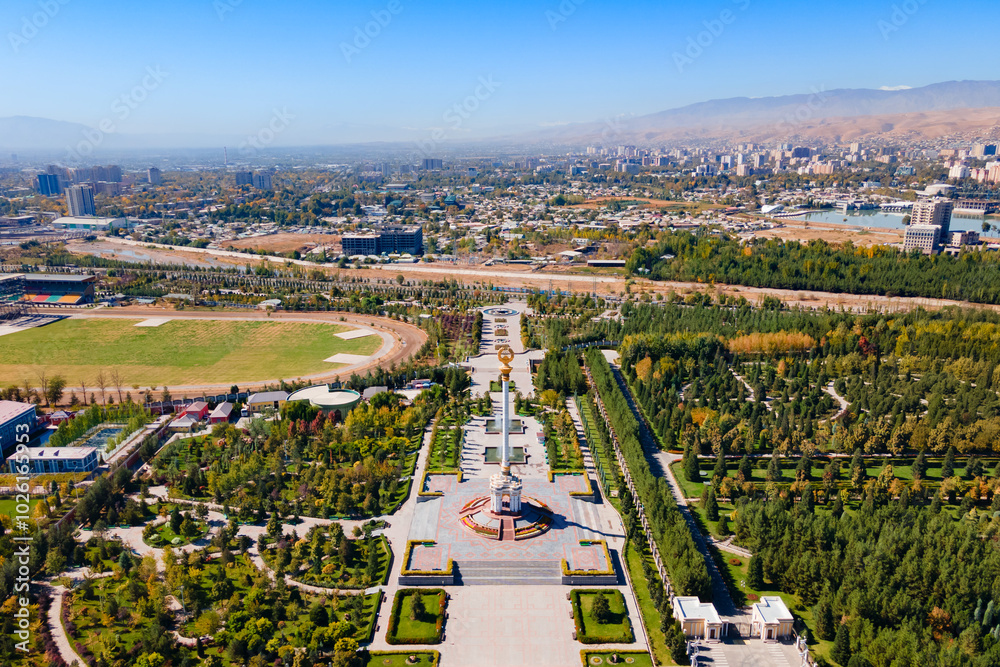 Dushanbe city aerial panoramic view in Tajikistan