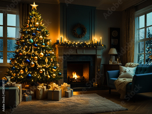 A cozy room at night lit by the warm glow of a festive Christmas tree adorned with colorful lights and ornaments. Presents are neatly arranged underneath, beside a decorated fireplace, table and sofa