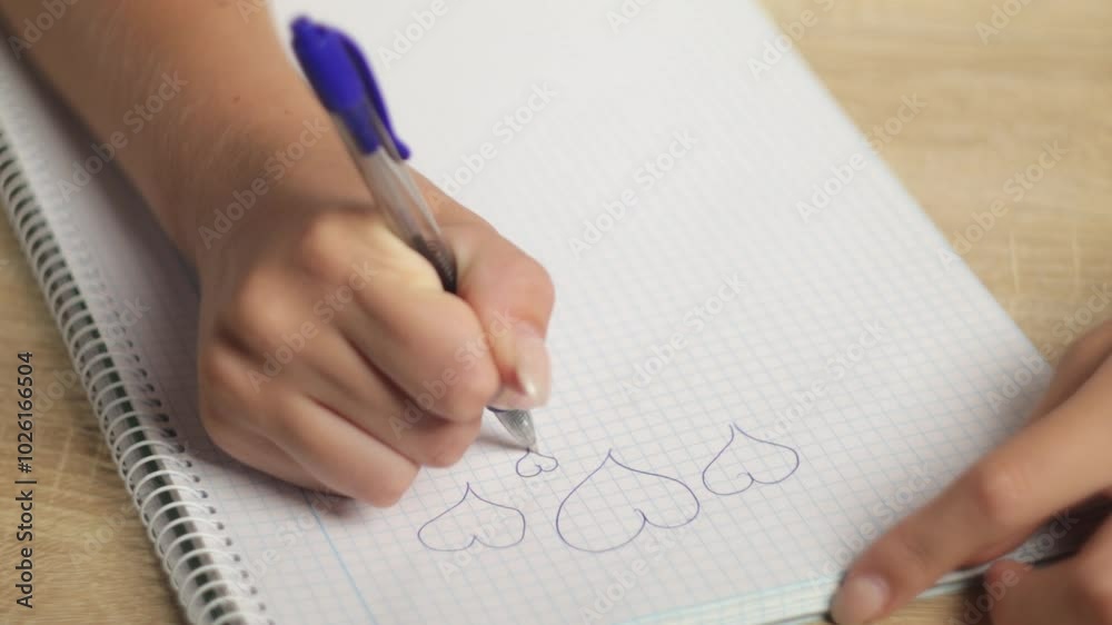 Close-up of young girl hand creating series of blue hearts on notebook page with ballpoint pen, highlighting creativity and focus during moment of artistic expression Close-up of young girl hand creating series of blue hearts on notebook page with ballpoint pen, highlighting creativity and focus during moment of artistic expression
