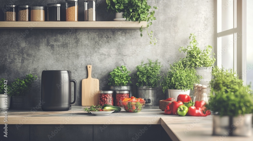 a minimalist kitchen with a sleek black air fryer a minimalist kitchen with a sleek black air fryer