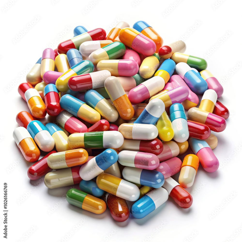 Heap of colorful pills isolated on white background. Top view. Heap of colorful pills isolated on white background. Top view.