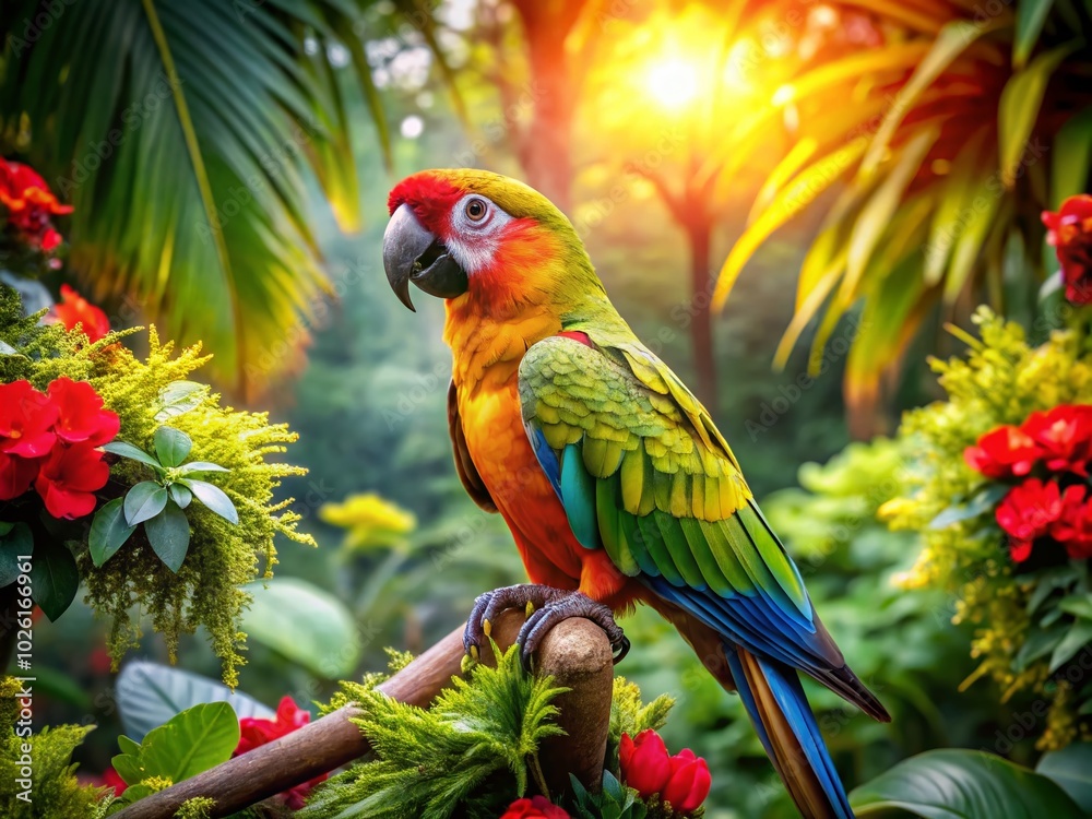 Vibrant Close-Up of a Parrot in Lush Tropical Landscape Photography Vibrant Close-Up of a Parrot in Lush Tropical Landscape Photography