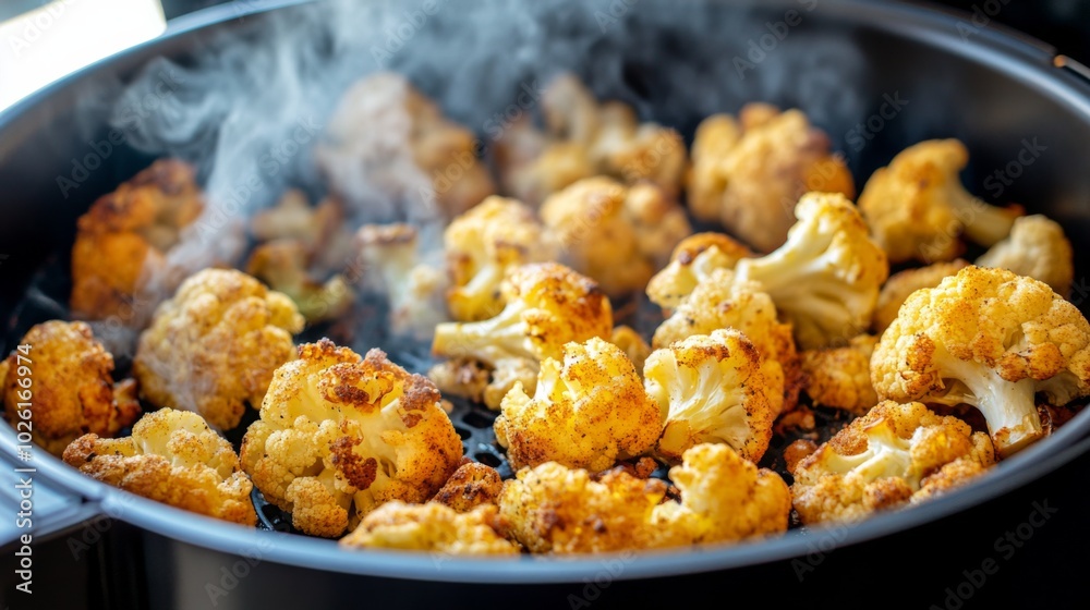 a modern air fryer being used to cook crispy cauliflower a modern air fryer being used to cook crispy cauliflower