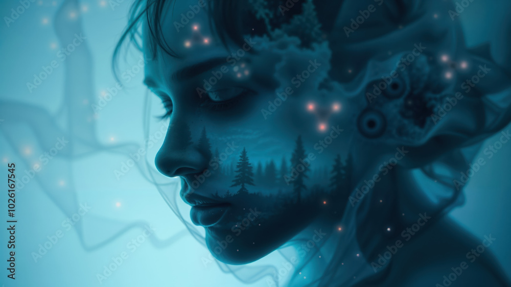 Woman face merging with forest at sunset showing connection with nature Woman face merging with forest at sunset showing connection with nature
