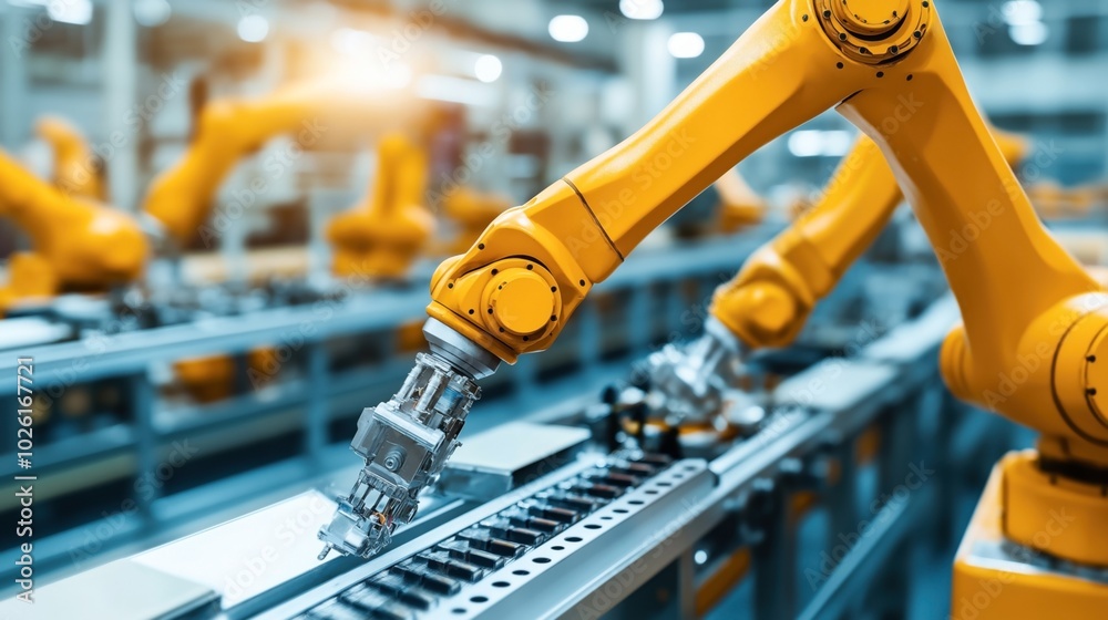 Industrial robotic arms working on a conveyor belt in a factory setting with a focus on automation and manufacturing processes. Industrial robotic arms working on a conveyor belt in a factory setting with a focus on automation and manufacturing processes.