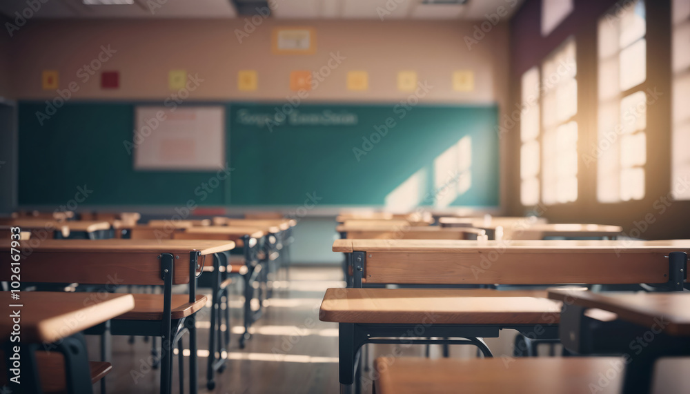 Empty Classroom With Wooden Desks and Chalkboard at Sunrise Empty Classroom With Wooden Desks and Chalkboard at Sunrise