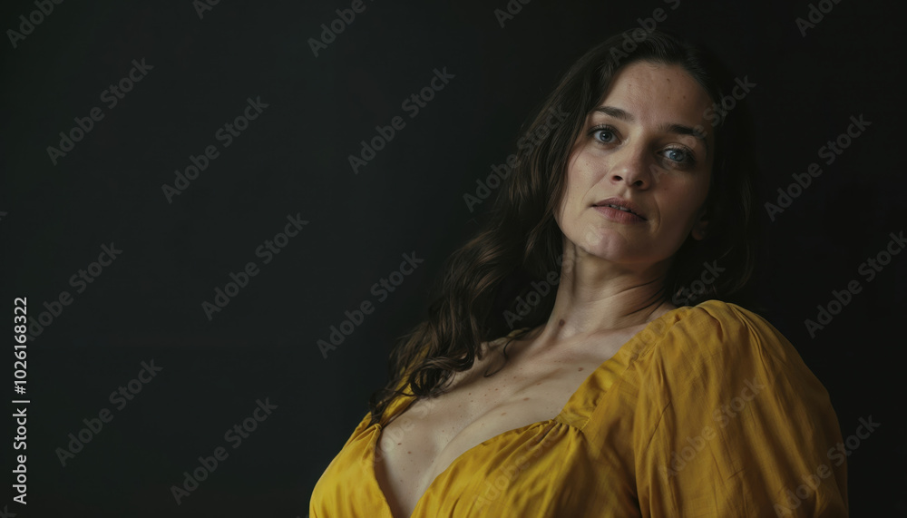 Portrait of a Woman in a Yellow Dress on Dark Background Portrait of a Woman in a Yellow Dress on Dark Background