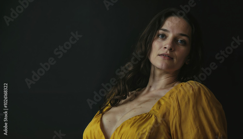 Portrait of a Woman in a Yellow Dress on Dark Background