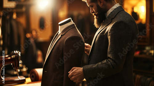 Tailor adjusting suit on mannequin in his workshop