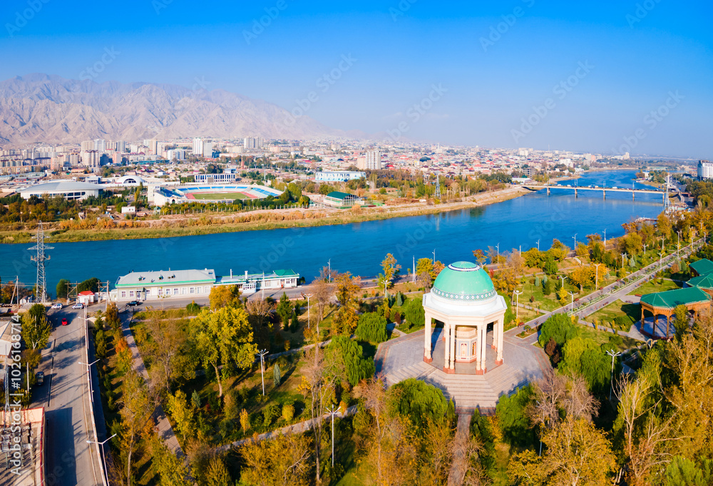 Khujand city aerial panoramic view in Tajikistan