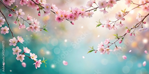 A delicate cherry blossom branch sways gently in the spring breeze, as soft petals drift down, creating a serene and tranquil atmosphere. Nature's beauty unfolds.