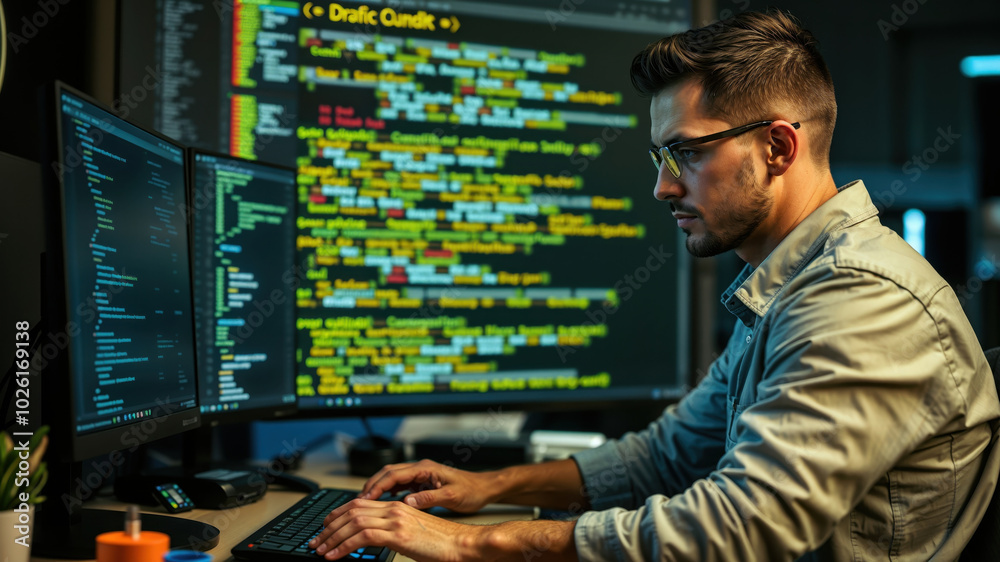 Software developer wearing headphones is developing software in his office Software developer wearing headphones is developing software in his office