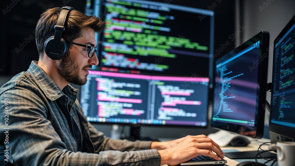 Software developer wearing headphones is developing software in his office Software developer wearing headphones is developing software in his office