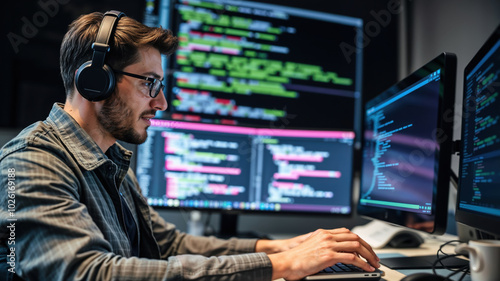 Software developer wearing headphones is developing software in his office