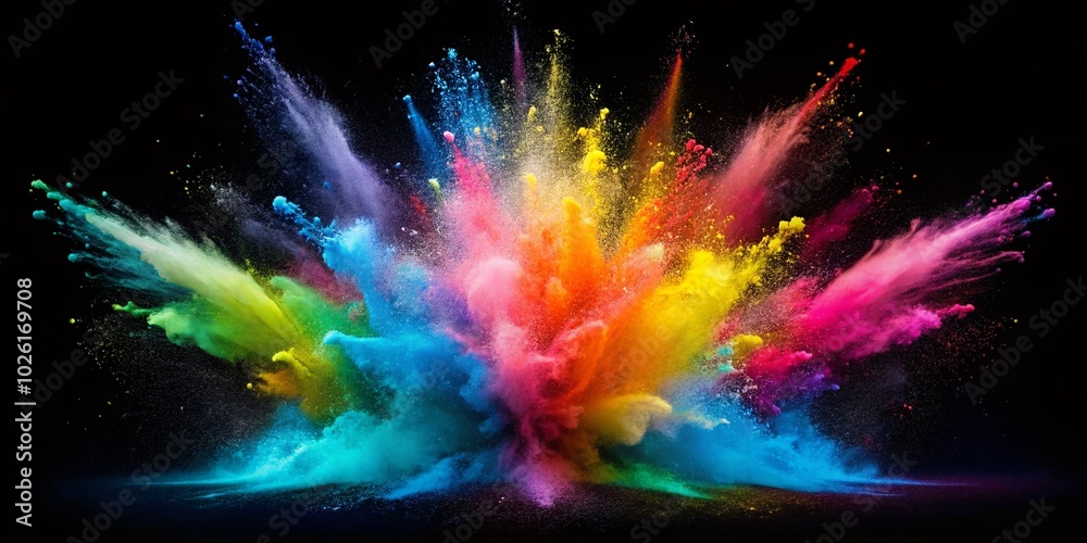 Vibrant Rainbow Powder Explosion on Black Background - Colorful Abstract Art for Banners and Backgrounds Vibrant Rainbow Powder Explosion on Black Background - Colorful Abstract Art for Banners and Backgrounds