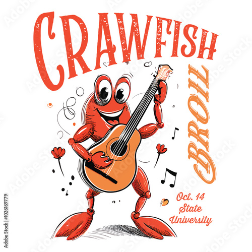 Cartoon crawfish playing guitar tee design, Women's Men's Shirt, Crayfish Shirt, Fishing Shirt, Funny Fish tee, Vintage retro print, seafood Crawfish sketch, drawing artwork grunge apparel t-shirt