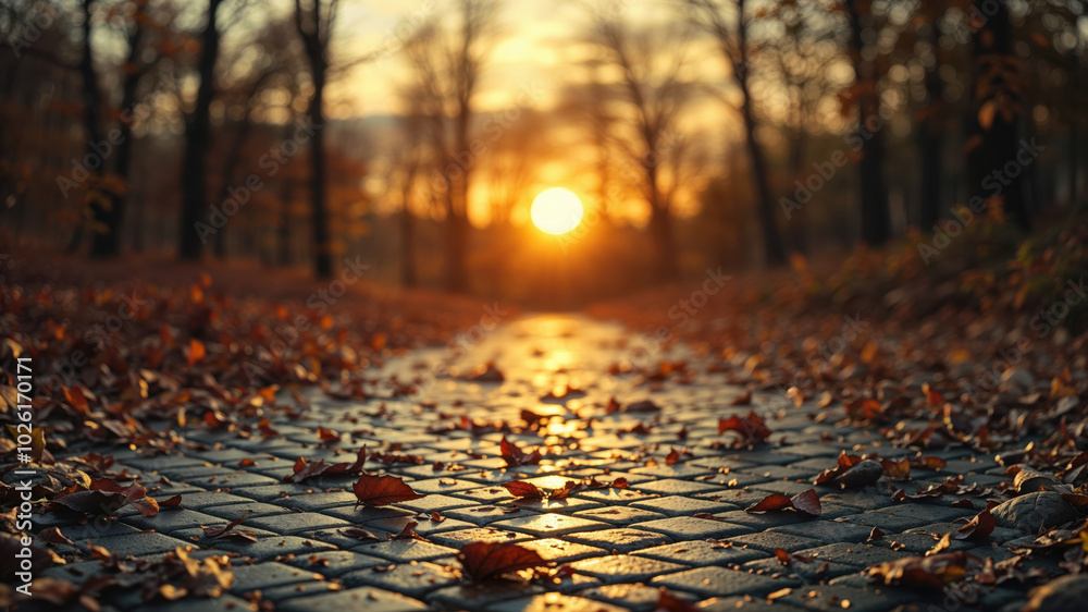 Sun shining through trees on autumnal leaves covering the ground Sun shining through trees on autumnal leaves covering the ground