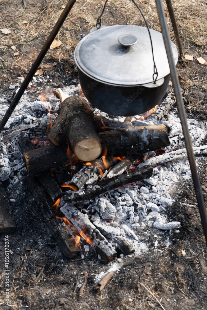 Camping pot with lid. Cooking food on a campfire on a hike. Fire coals firewood. Caldron truism cook outdoor. Camping pot with lid. Cooking food on a campfire on a hike. Fire coals firewood. Caldron truism cook outdoor.