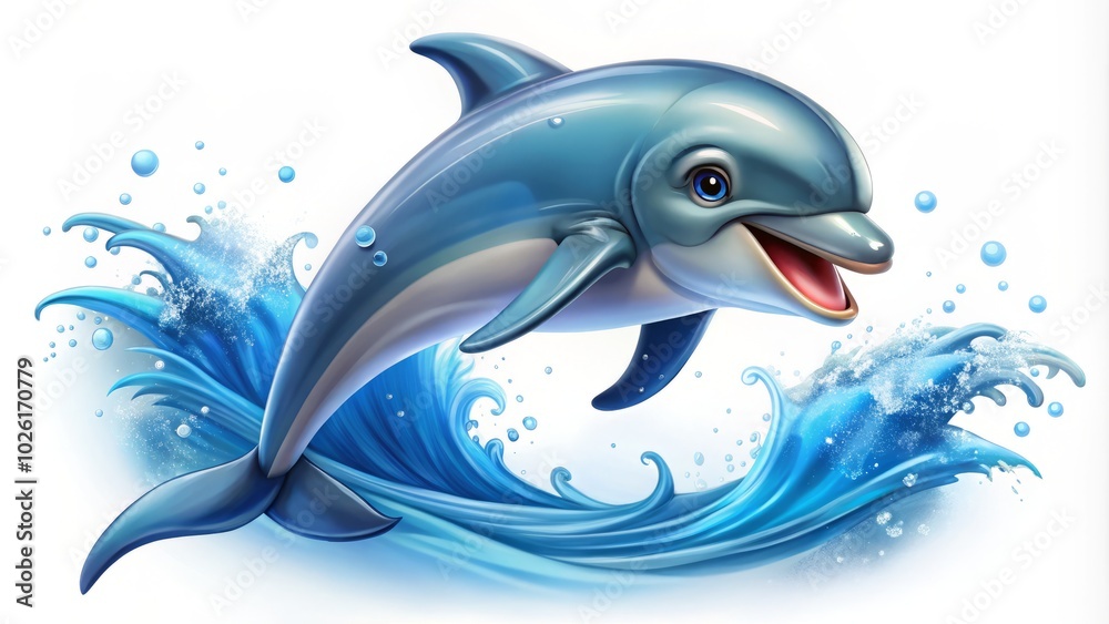 Obraz premium Adorable dolphin leaps joyfully through ocean waves in this charming vector illustration, perfect for aquatic animal enthusiasts and lovers of cute marine life.