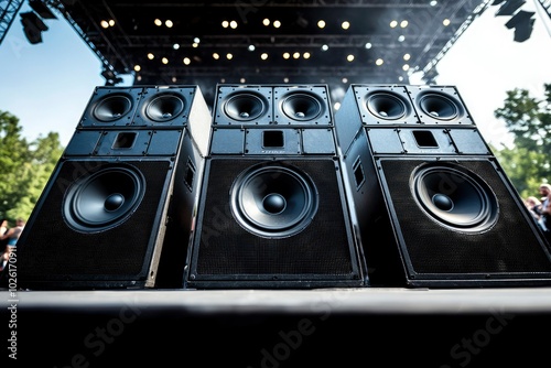 Three Black Speaker Cabinets on a Stage photo