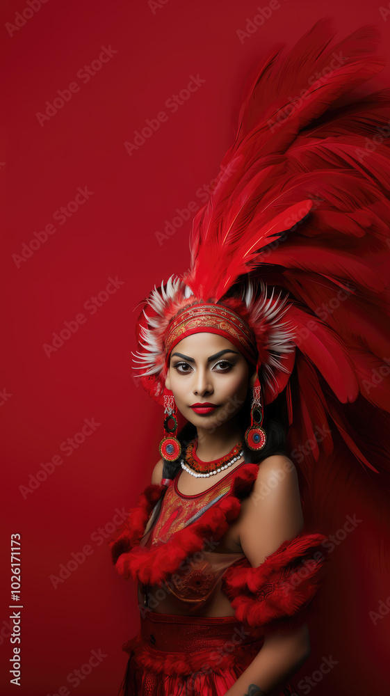 Latin woman posing in red traditional outfit with feathers for carnival in studio shot Latin woman posing in red traditional outfit with feathers for carnival in studio shot