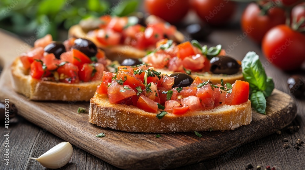 Close-up of three pieces of bruschetta with tomatoes, basil, garlic, olives, and capers on a wooden cutting board. Close-up of three pieces of bruschetta with tomatoes, basil, garlic, olives, and capers on a wooden cutting board.